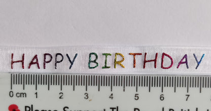 1m- Happy Birthday Ribbon- Rainbow Foil Printed Words on White Sheer Organza- 1cm width