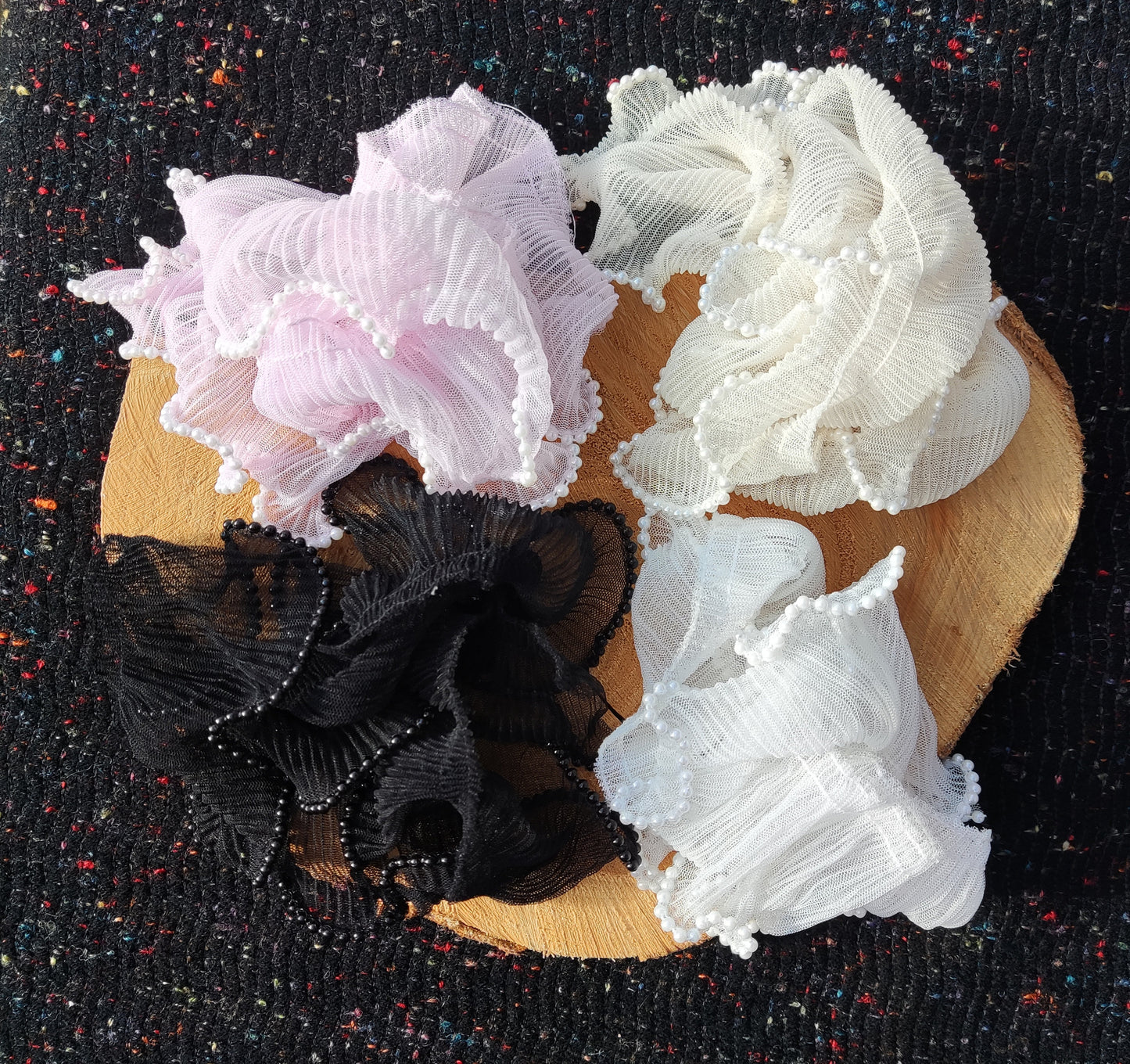 Beaded Tulle Trim: 7cm Pleated Ruffle with Faux Pearls- Sold by the Yard
