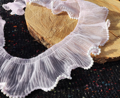 Beaded Tulle Trim: 7cm Pleated Ruffle with Faux Pearls- Sold by the Yard