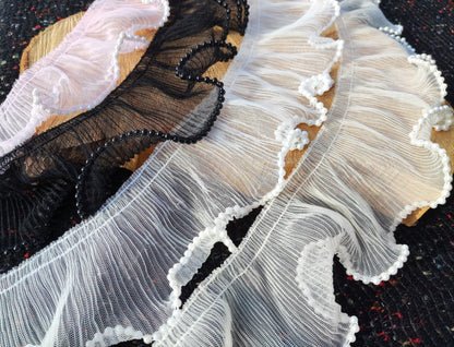 Beaded Tulle Trim: 7cm Pleated Ruffle with Faux Pearls- Sold by the Yard