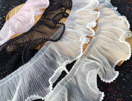 Beaded Tulle Trim: 7cm Pleated Ruffle with Faux Pearls- Sold by the Yard