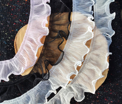 Beaded Tulle Trim: 7cm Pleated Ruffle with Faux Pearls- Sold by the Yard