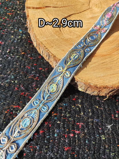 Embroidered Denim Ribbon Trim with Sequin and Metallic thread-Per yard- Colorful Border Edging- DIY Bags, Jeans, Hats, Jackets