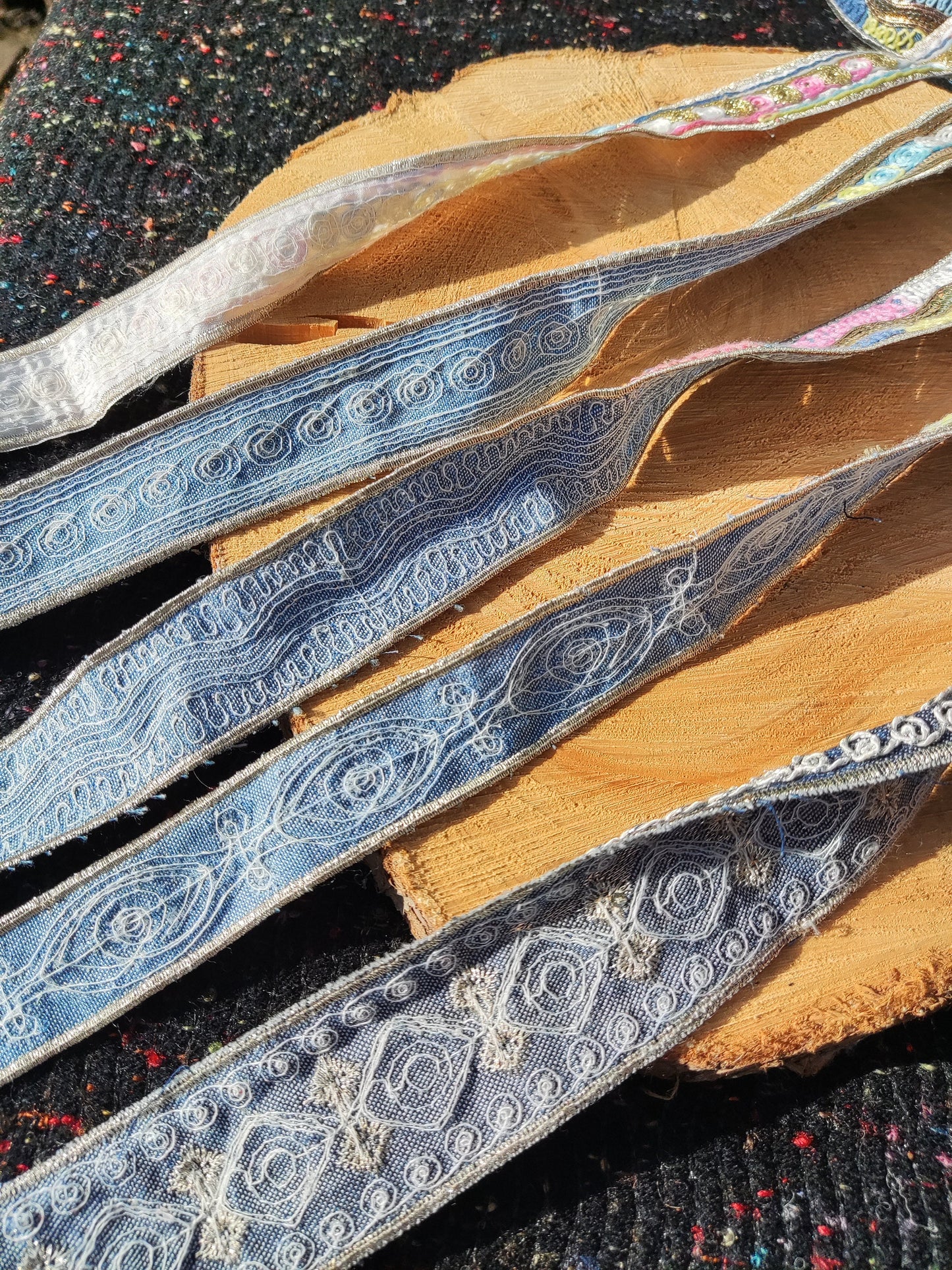 Embroidered Denim Ribbon Trim with Sequin and Metallic thread-Per yard- Colorful Border Edging- DIY Bags, Jeans, Hats, Jackets