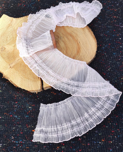 Wide Pleated Ruffle Trim with Layered Edge- 10cm Width Soft Layered Mesh Border Embellishment- For Doll making, Upholstery, scrunchie DIY