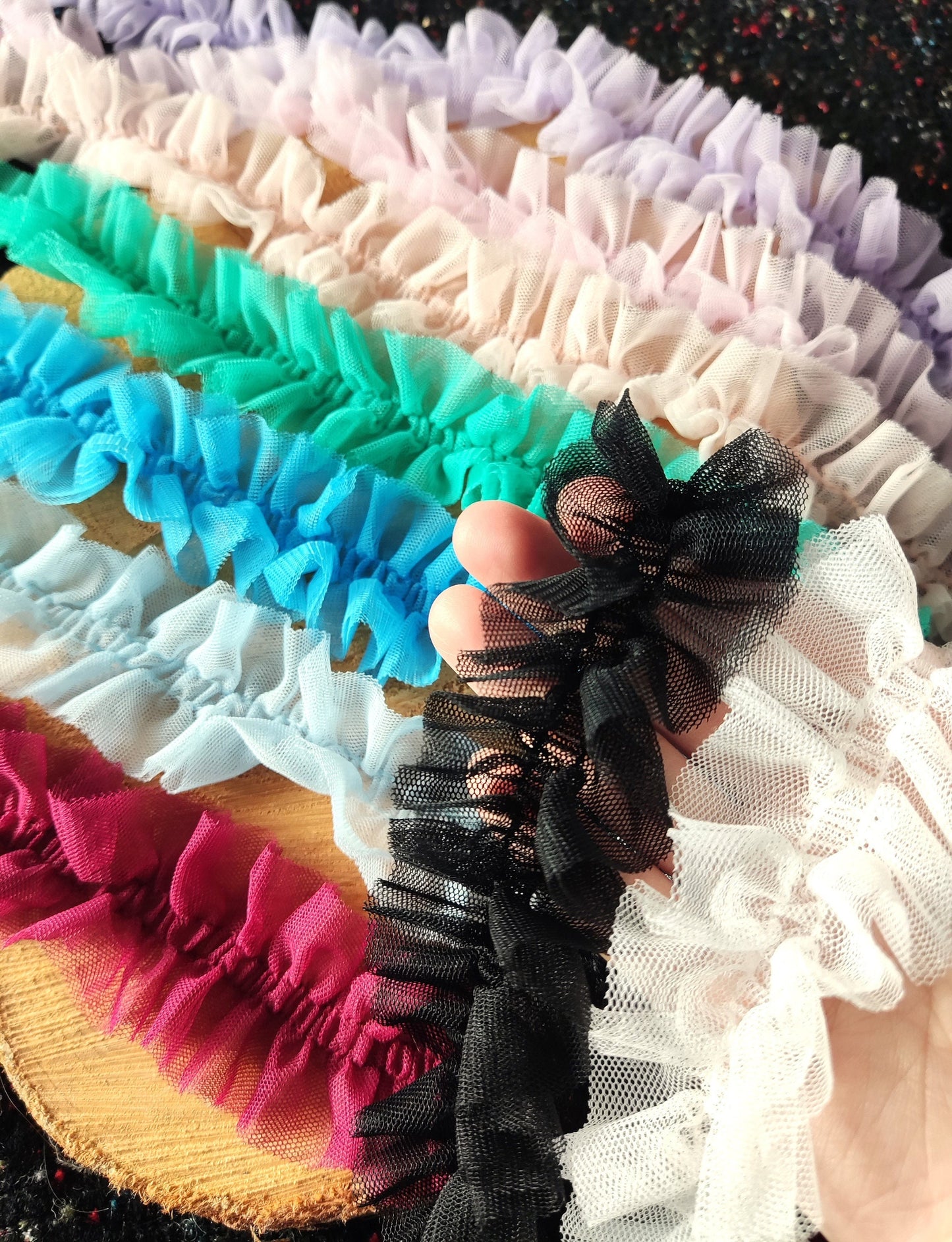 Double Layered Tulle Ruffle Trim with Scrunched Middle -Per yard- 5cm width Frilly Edging- For Festival Costume, Doll Clothes, Bridal DIY