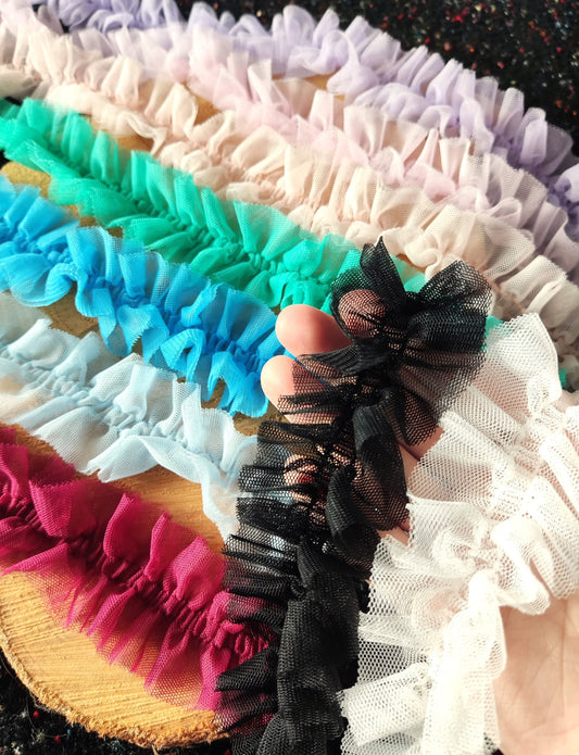 Double Layered Tulle Ruffle Trim with Scrunched Middle -Per yard- 5cm width Frilly Edging- For Festival Costume, Doll Clothes, Bridal DIY