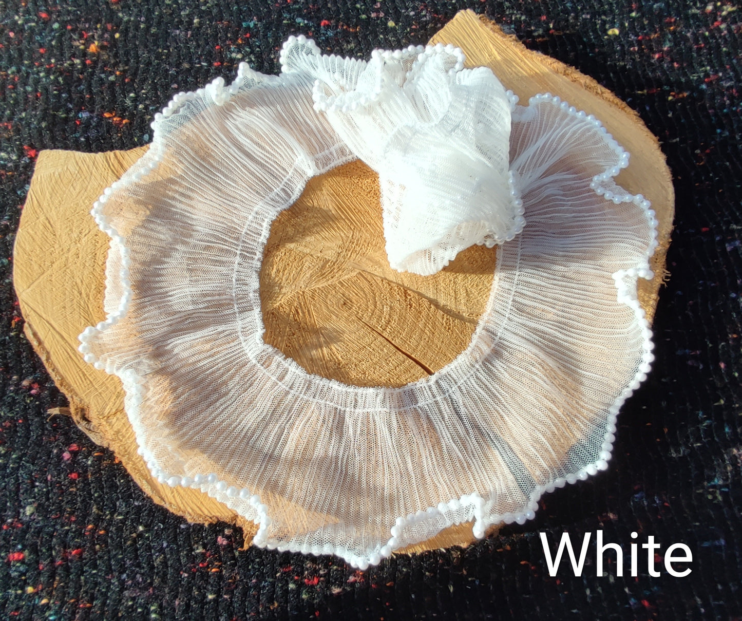Beaded Tulle Trim: 7cm Pleated Ruffle with Faux Pearls- Sold by the Yard