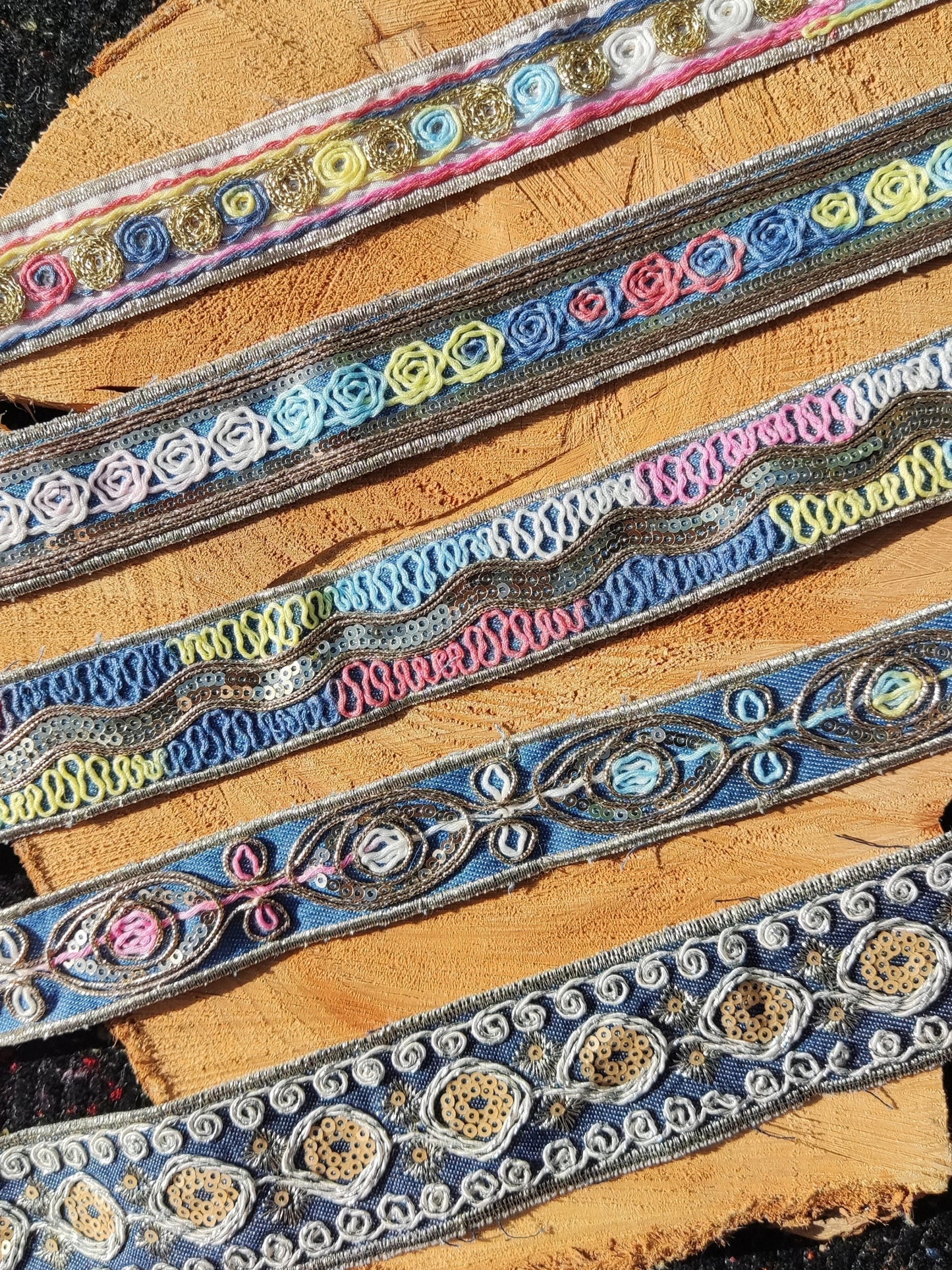Embroidered Denim Ribbon Trim with Sequin and Metallic thread-Per yard- Colorful Border Edging- DIY Bags, Jeans, Hats, Jackets
