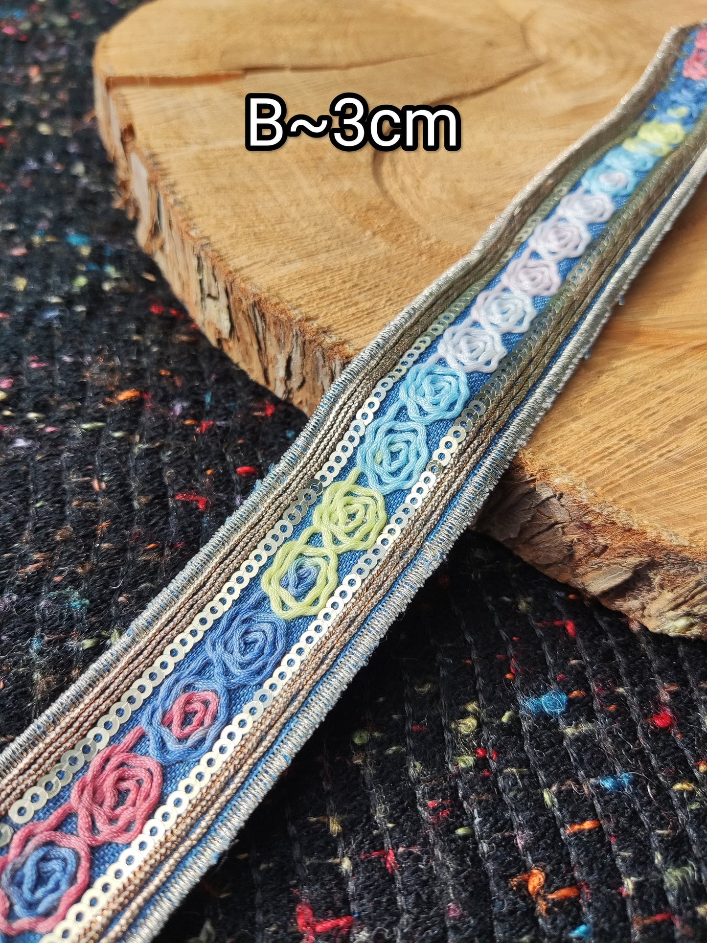 Embroidered Denim Ribbon Trim with Sequin and Metallic thread-Per yard- Colorful Border Edging- DIY Bags, Jeans, Hats, Jackets
