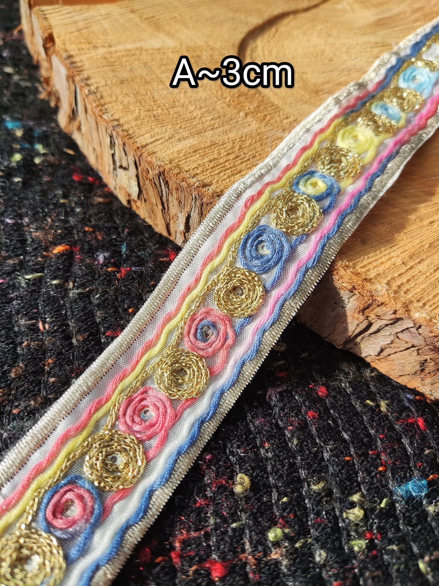 Embroidered Denim Ribbon Trim with Sequin and Metallic thread-Per yard- Colorful Border Edging- DIY Bags, Jeans, Hats, Jackets