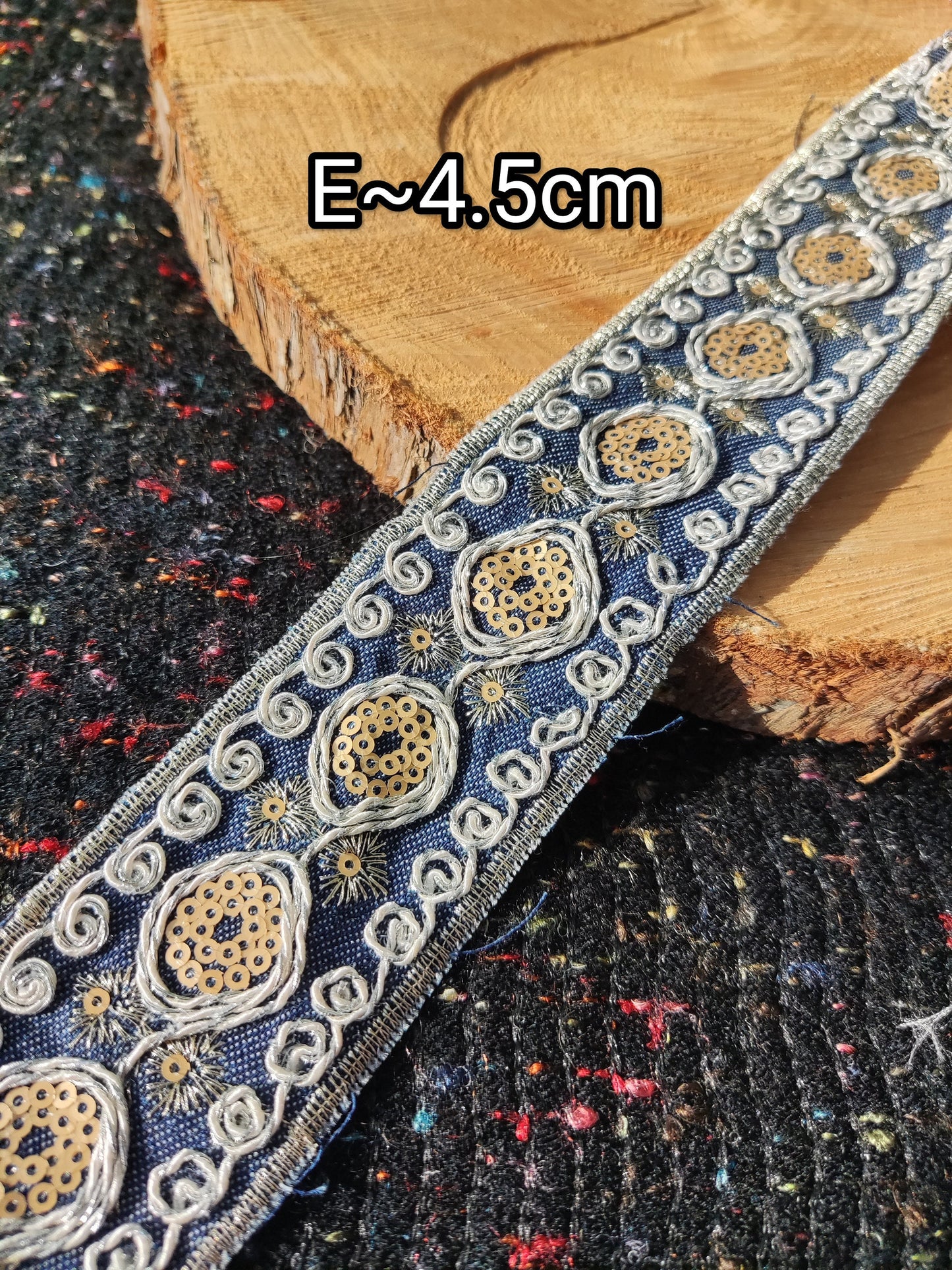 Embroidered Denim Ribbon Trim with Sequin and Metallic thread-Per yard- Colorful Border Edging- DIY Bags, Jeans, Hats, Jackets