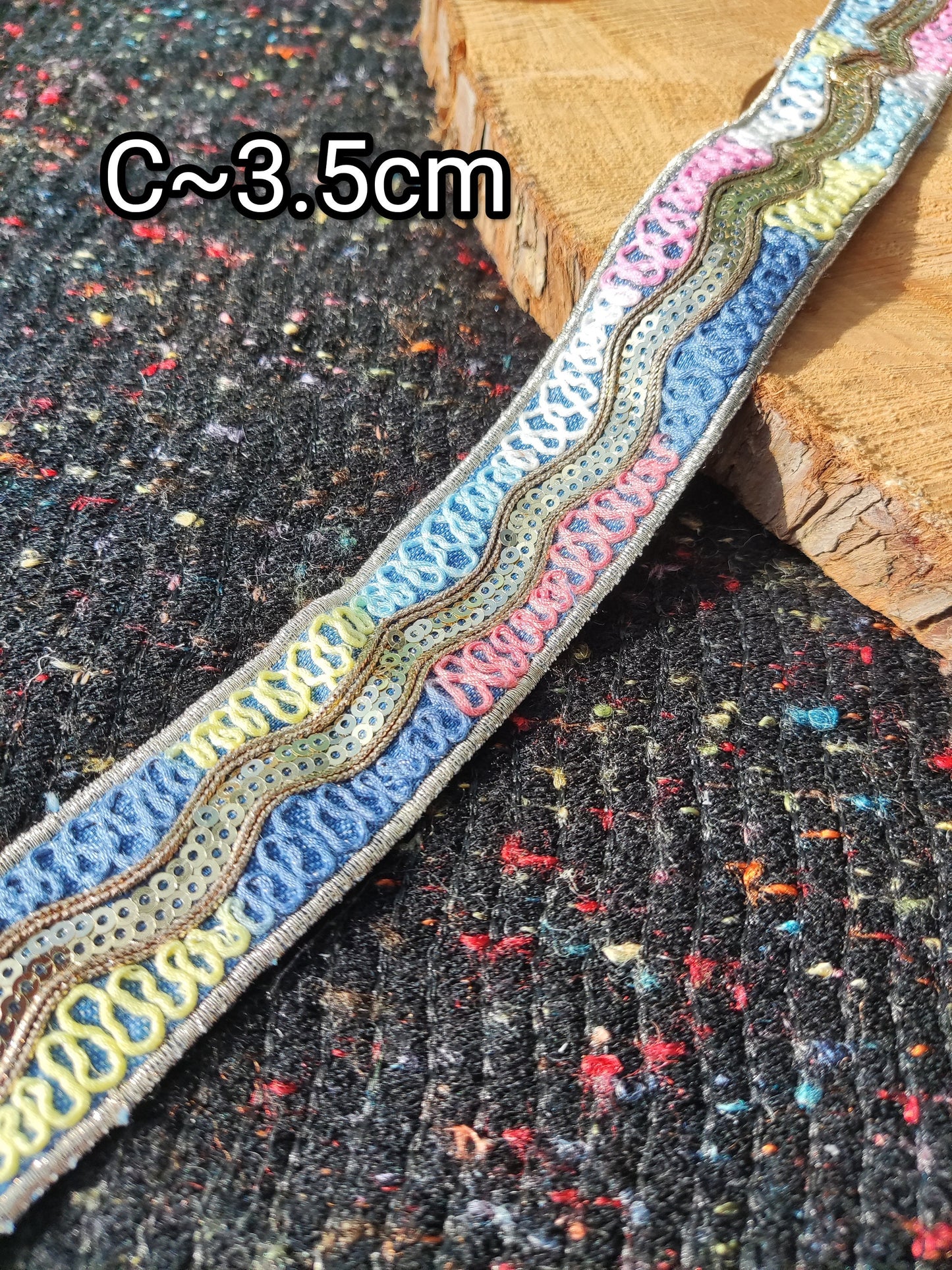 Embroidered Denim Ribbon Trim with Sequin and Metallic thread-Per yard- Colorful Border Edging- DIY Bags, Jeans, Hats, Jackets