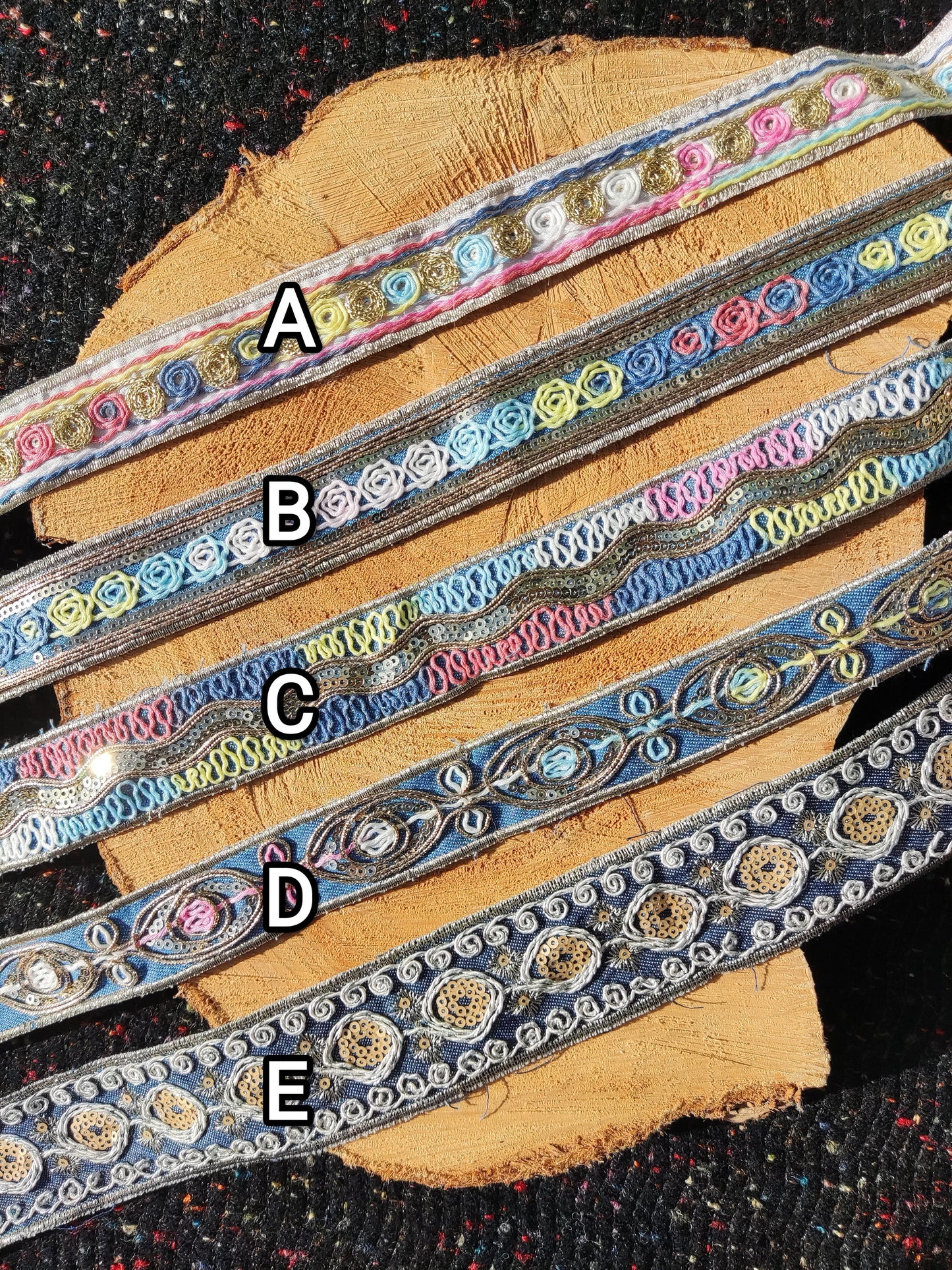 Embroidered Denim Ribbon Trim with Sequin and Metallic thread-Per yard- Colorful Border Edging- DIY Bags, Jeans, Hats, Jackets