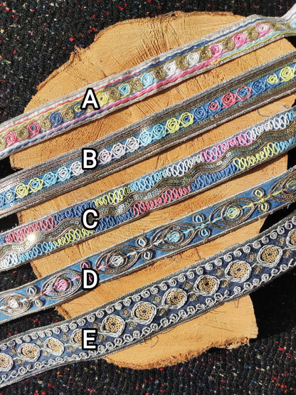 Embroidered Denim Ribbon Trim with Sequin and Metallic thread-Per yard- Colorful Border Edging- DIY Bags, Jeans, Hats, Jackets