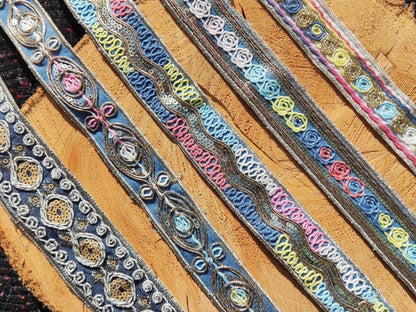 Embroidered Denim Ribbon Trim with Sequin and Metallic thread-Per yard- Colorful Border Edging- DIY Bags, Jeans, Hats, Jackets