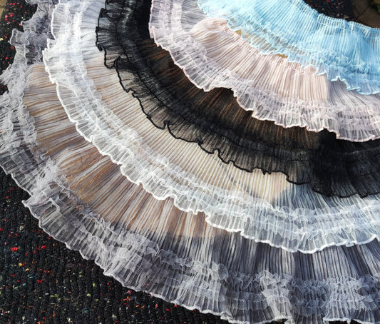 Wide Pleated Ruffle Trim with Layered Edge- 10cm Width Soft Layered Mesh Border Embellishment- For Doll making, Upholstery, scrunchie DIY