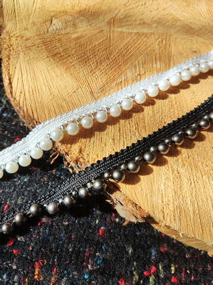 1cm Faux Pearl Beaded Trim: Black or White - Sold by the yard