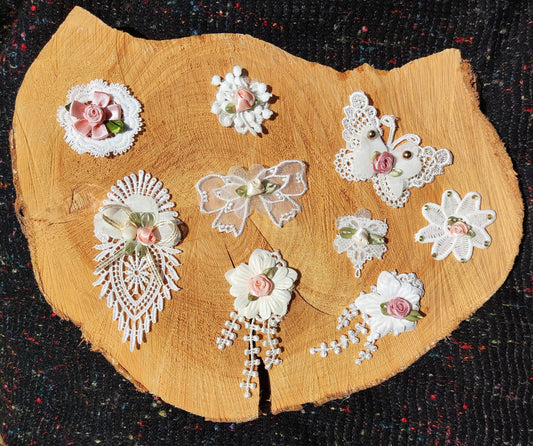 Ivory Guipure Lace Floral Sew on Appliqué with Satin Rose -Beaded Cream Flower Embellishment for Bridal Gown, Costume DIY, Home Decor