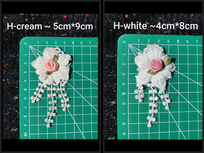 Ivory Guipure Lace Floral Sew on Appliqué with Satin Rose -Beaded Cream Flower Embellishment for Bridal Gown, Costume DIY, Home Decor