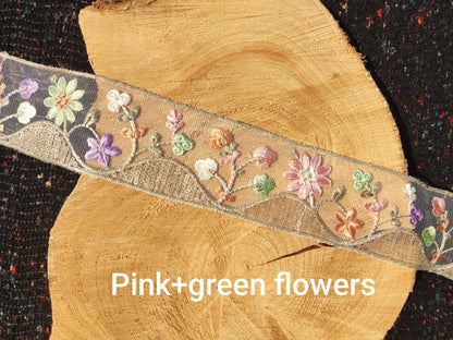 Cottage Garden Embroidered Floral Sheer Ribbon Trim with Sequin- 6cm Gold Flower Mesh Net -Per yard -DIY Craft Embellishment, Dress making
