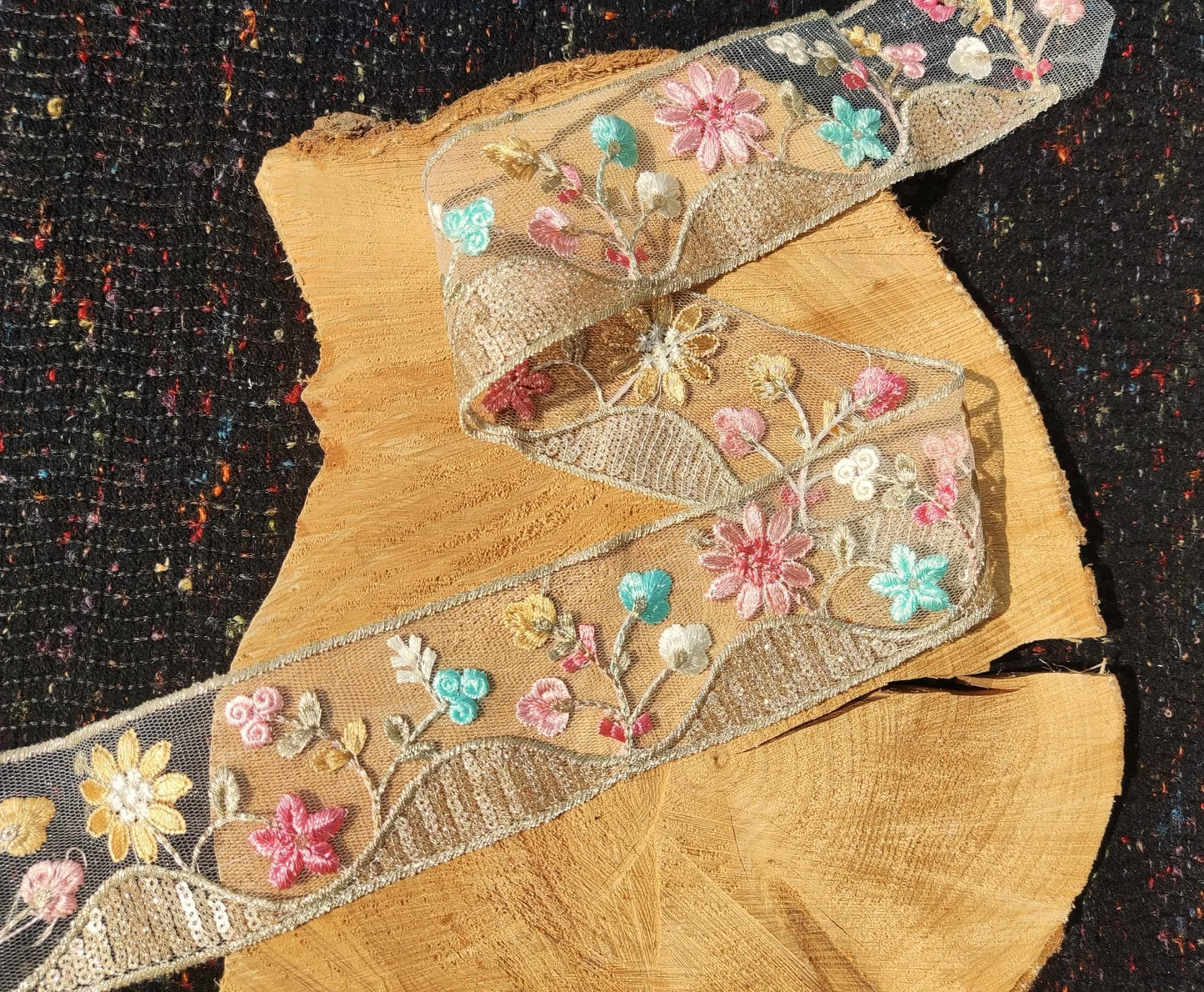 Cottage Garden Embroidered Floral Sheer Ribbon Trim with Sequin- 6cm Gold Flower Mesh Net -Per yard -DIY Craft Embellishment, Dress making