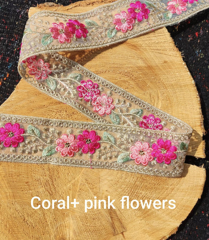 Embroidered Sheer Organza Floral Trim with Gold Sequins- 4.5cm wide Flower Mesh Ribbon -Per yard -For Sewing, Costume DIY, Home decor