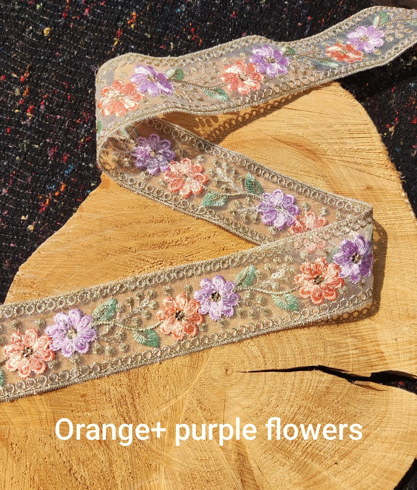 Embroidered Sheer Organza Floral Trim with Gold Sequins- 4.5cm wide Flower Mesh Ribbon -Per yard -For Sewing, Costume DIY, Home decor