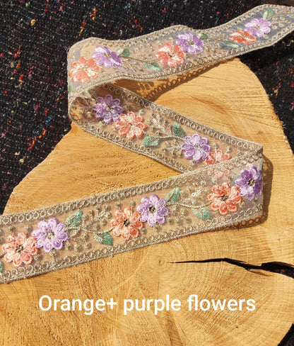 Embroidered Sheer Organza Floral Trim with Gold Sequins- 4.5cm wide Flower Mesh Ribbon -Per yard -For Sewing, Costume DIY, Home decor