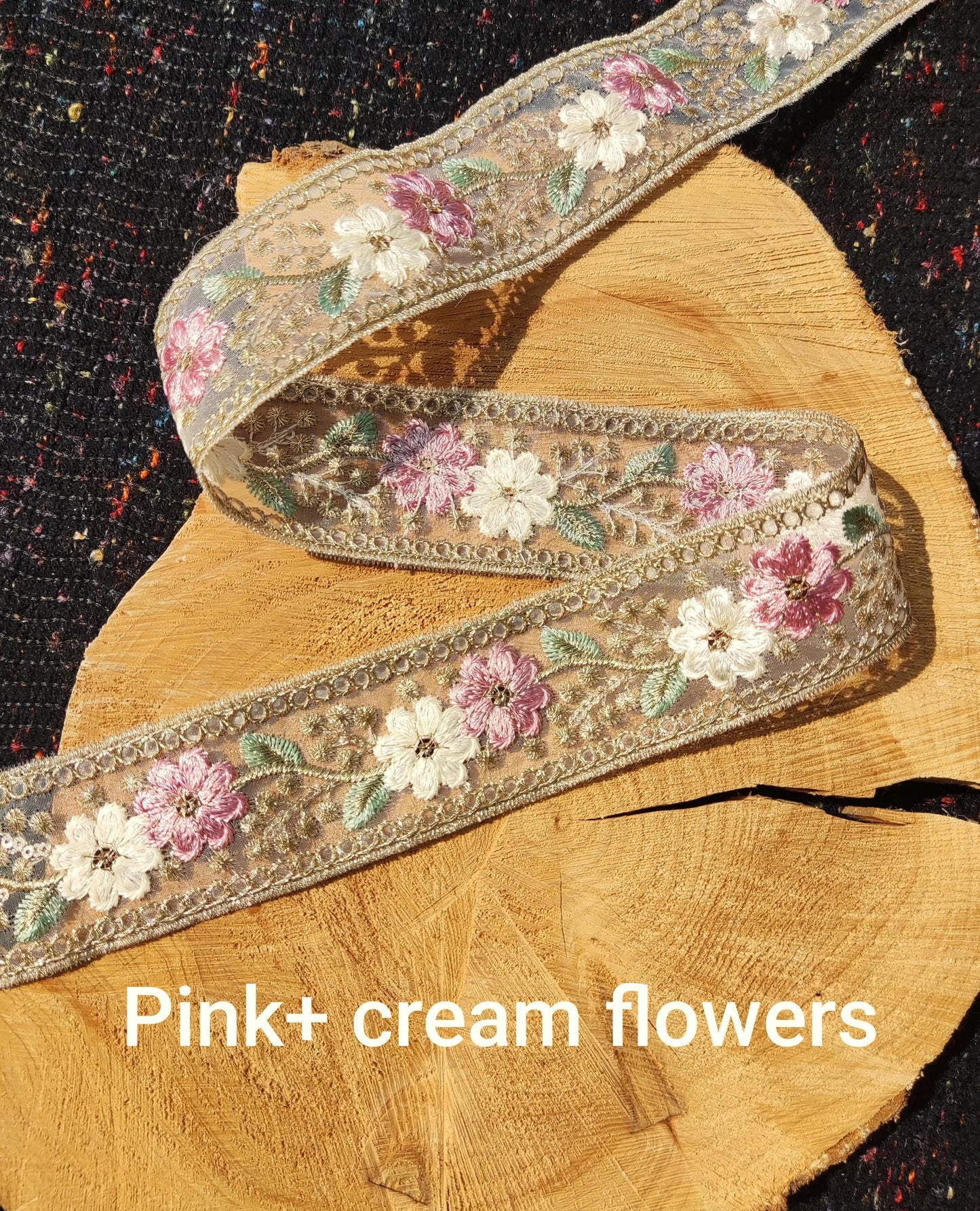 Embroidered Sheer Organza Floral Trim with Gold Sequins- 4.5cm wide Flower Mesh Ribbon -Per yard -For Sewing, Costume DIY, Home decor