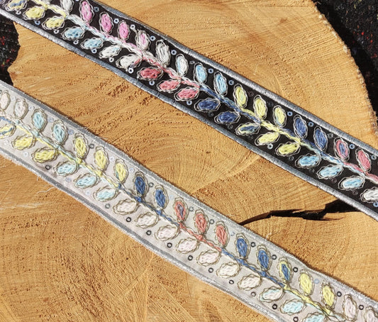 Ombre Rainbow Stem Embroidered Trim with Sequin- Per yard - 3.5cm width Stitched Leaf Edging, Ethnic Border, Colorful Embellishment