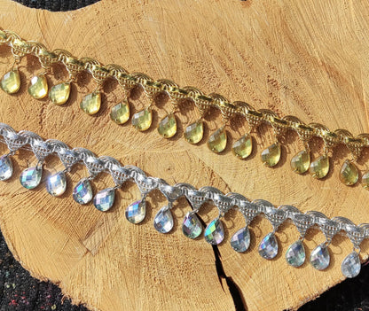 Teardrop Rhinestone Fringe Trim: Metallic Jewelled Beaded Tassel - Sold by the Yard