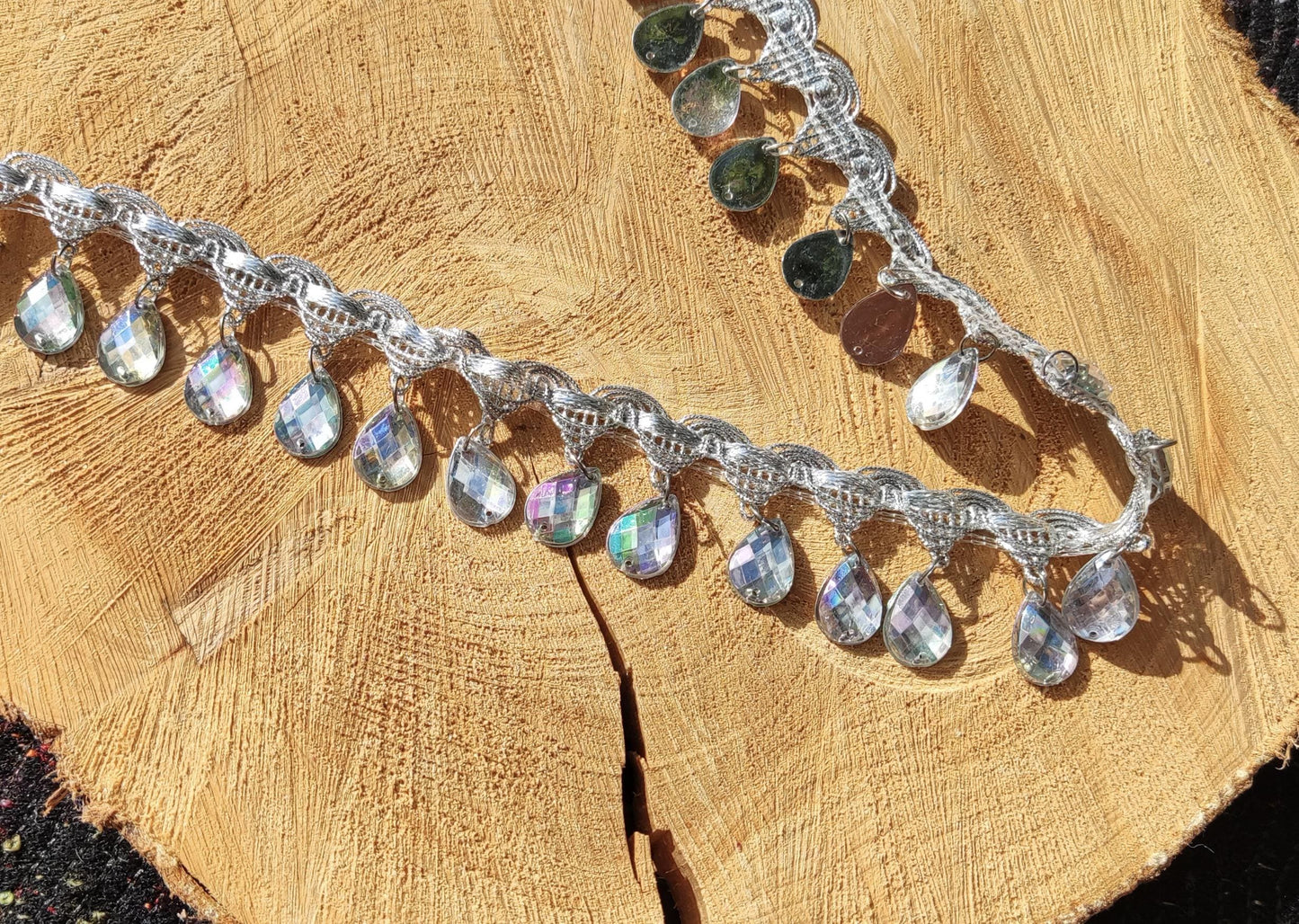 Teardrop Rhinestone Fringe Trim: Metallic Jewelled Beaded Tassel - Sold by the Yard