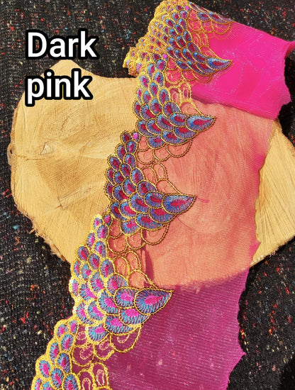 Peacock Feather Sheer Panel with Sequin- 20cm width Embroidered Tulle Trim- Per yard -Sparkly Border for Dancewear, Lingerie, Costume DIY
