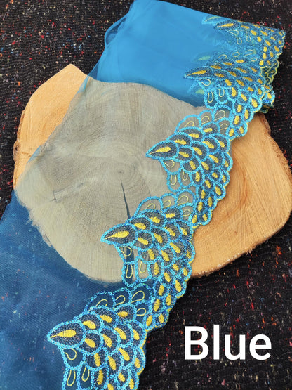 Peacock Feather Sheer Panel with Sequin- 20cm width Embroidered Tulle Trim- Per yard -Sparkly Border for Dancewear, Lingerie, Costume DIY