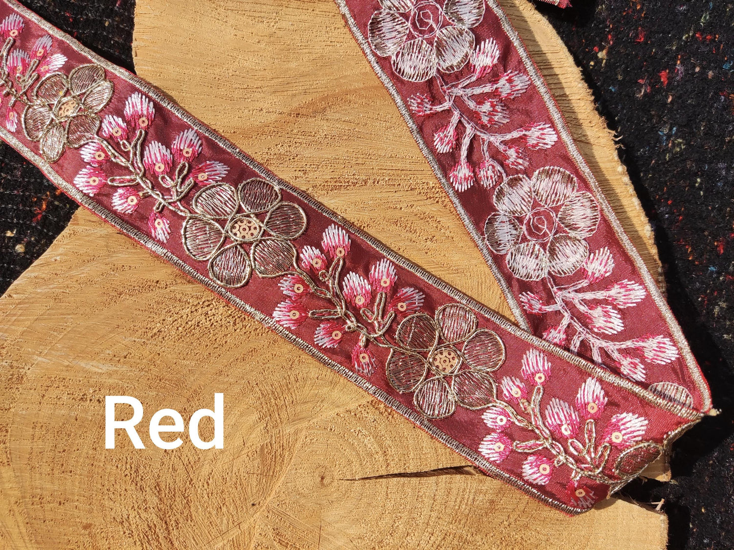 Embroidered Ethnic Floral Trim with Sequin- Per yard -4cm width Folk art Border-Blue, Burgundy, Gold Flower Edging- DIY Costume, upholstery