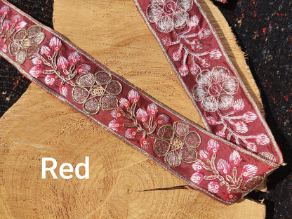 Embroidered Ethnic Floral Trim with Sequin- Per yard -4cm width Folk art Border-Blue, Burgundy, Gold Flower Edging- DIY Costume, upholstery