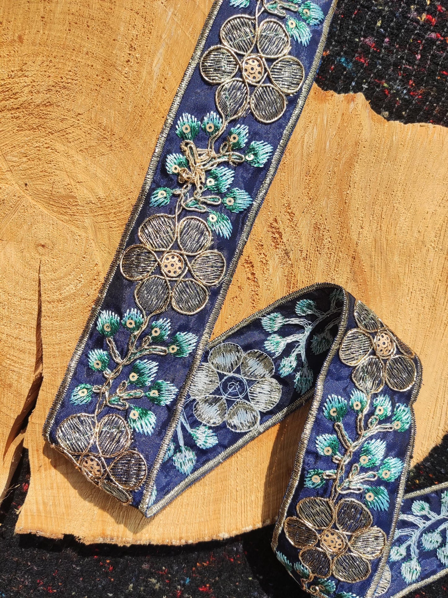 Embroidered Ethnic Floral Trim with Sequin- Per yard -4cm width Folk art Border-Blue, Burgundy, Gold Flower Edging- DIY Costume, upholstery