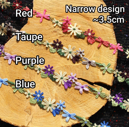 3.5cm width Embroidered Floral Trim- Multicoloured Bright Flower Lace- Per yard- DIY Clothing, Festival Costume, Crafts, Upholstery Decor