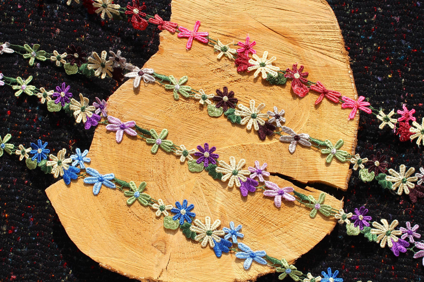 3.5cm width Embroidered Floral Trim- Multicoloured Bright Flower Lace- Per yard- DIY Clothing, Festival Costume, Crafts, Upholstery Decor