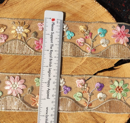 Cottage Garden Embroidered Floral Sheer Ribbon Trim with Sequin- 6cm Gold Flower Mesh Net -Per yard -DIY Craft Embellishment, Dress making