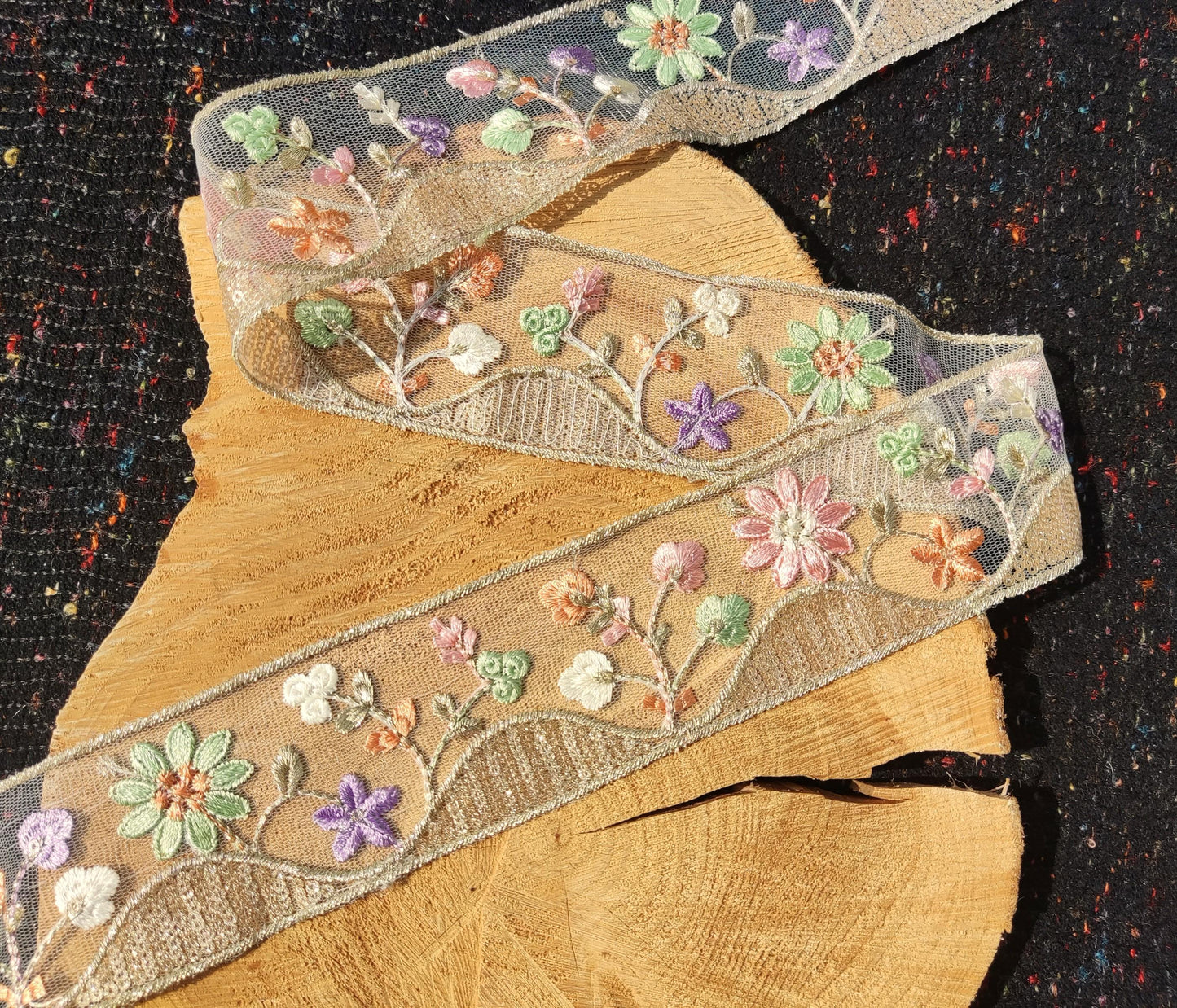 Cottage Garden Embroidered Floral Sheer Ribbon Trim with Sequin- 6cm Gold Flower Mesh Net -Per yard -DIY Craft Embellishment, Dress making
