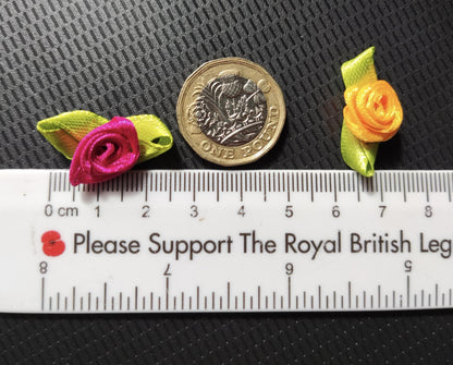 10PC- Small Satin Ribbon Rose Buds -Flower Embellishments- Pink or Red colours