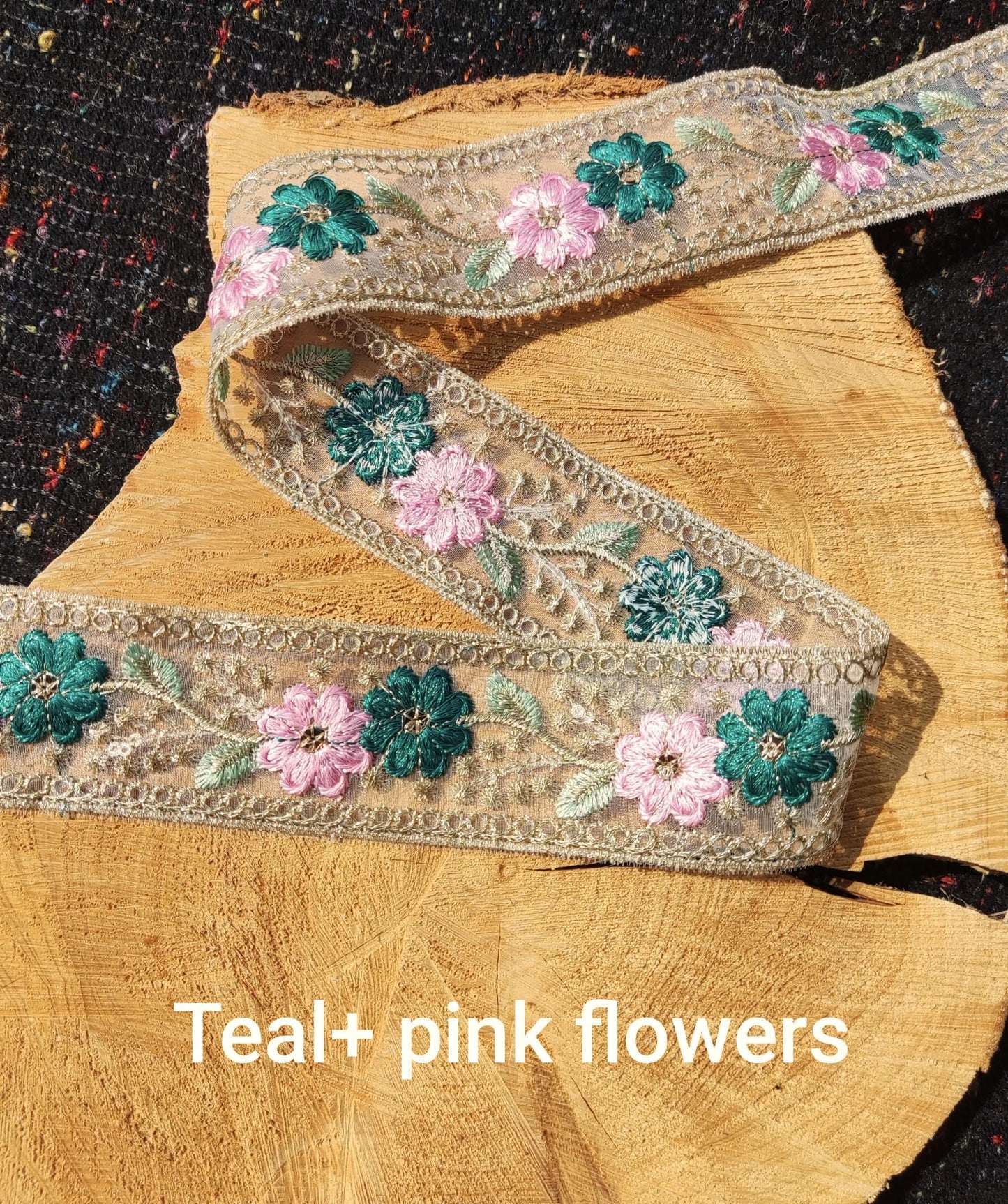 Embroidered Sheer Organza Floral Trim with Gold Sequins- 4.5cm wide Flower Mesh Ribbon -Per yard -For Sewing, Costume DIY, Home decor