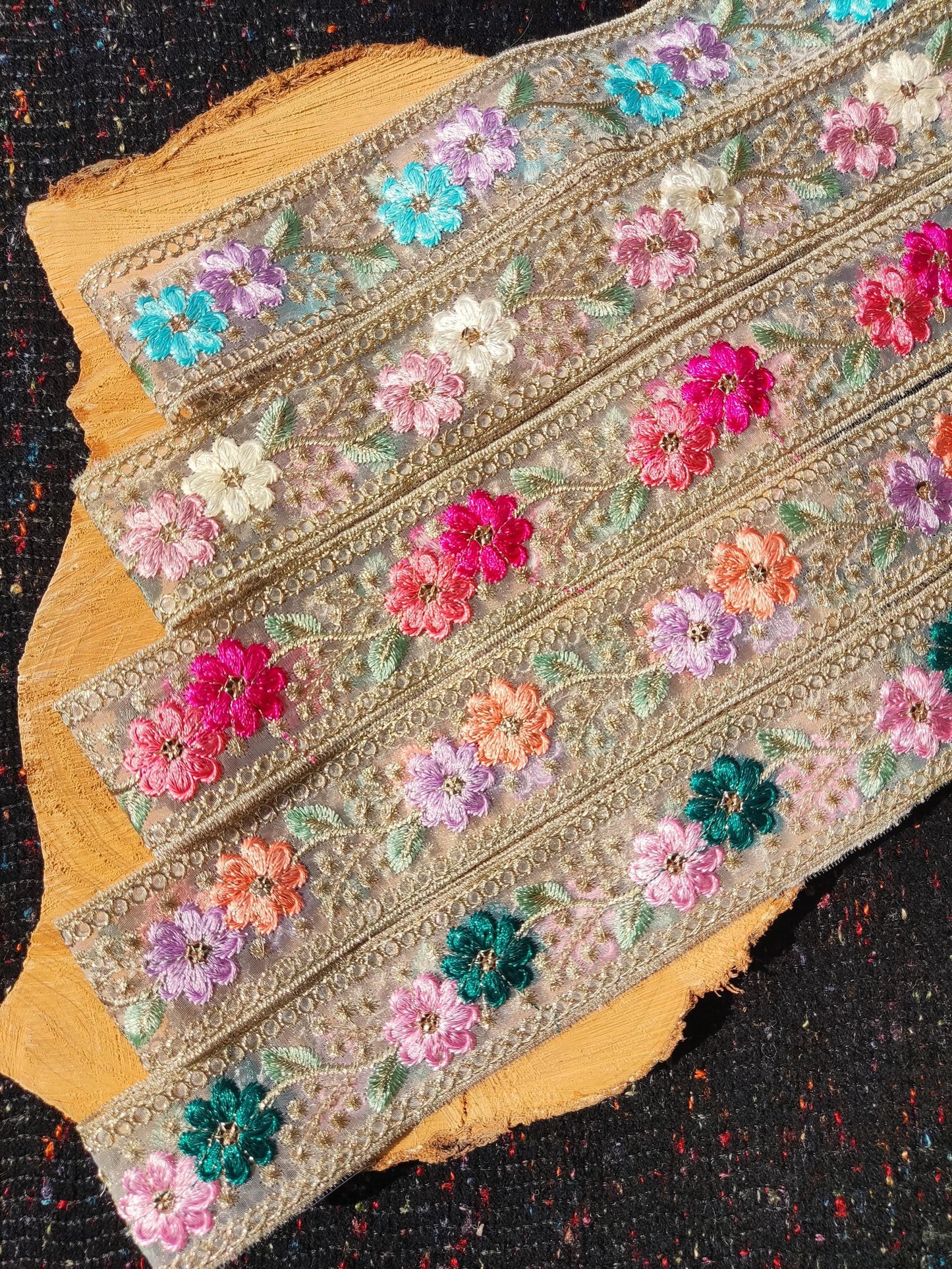 Embroidered Sheer Organza Floral Trim with Gold Sequins- 4.5cm wide Flower Mesh Ribbon -Per yard -For Sewing, Costume DIY, Home decor