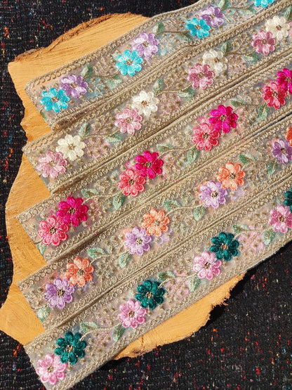 Embroidered Sheer Organza Floral Trim with Gold Sequins- 4.5cm wide Flower Mesh Ribbon -Per yard -For Sewing, Costume DIY, Home decor