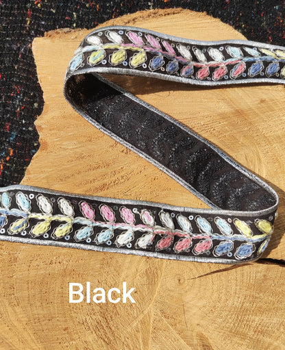 Ombre Rainbow Stem Embroidered Trim with Sequin- Per yard - 3.5cm width Stitched Leaf Edging, Ethnic Border, Colorful Embellishment