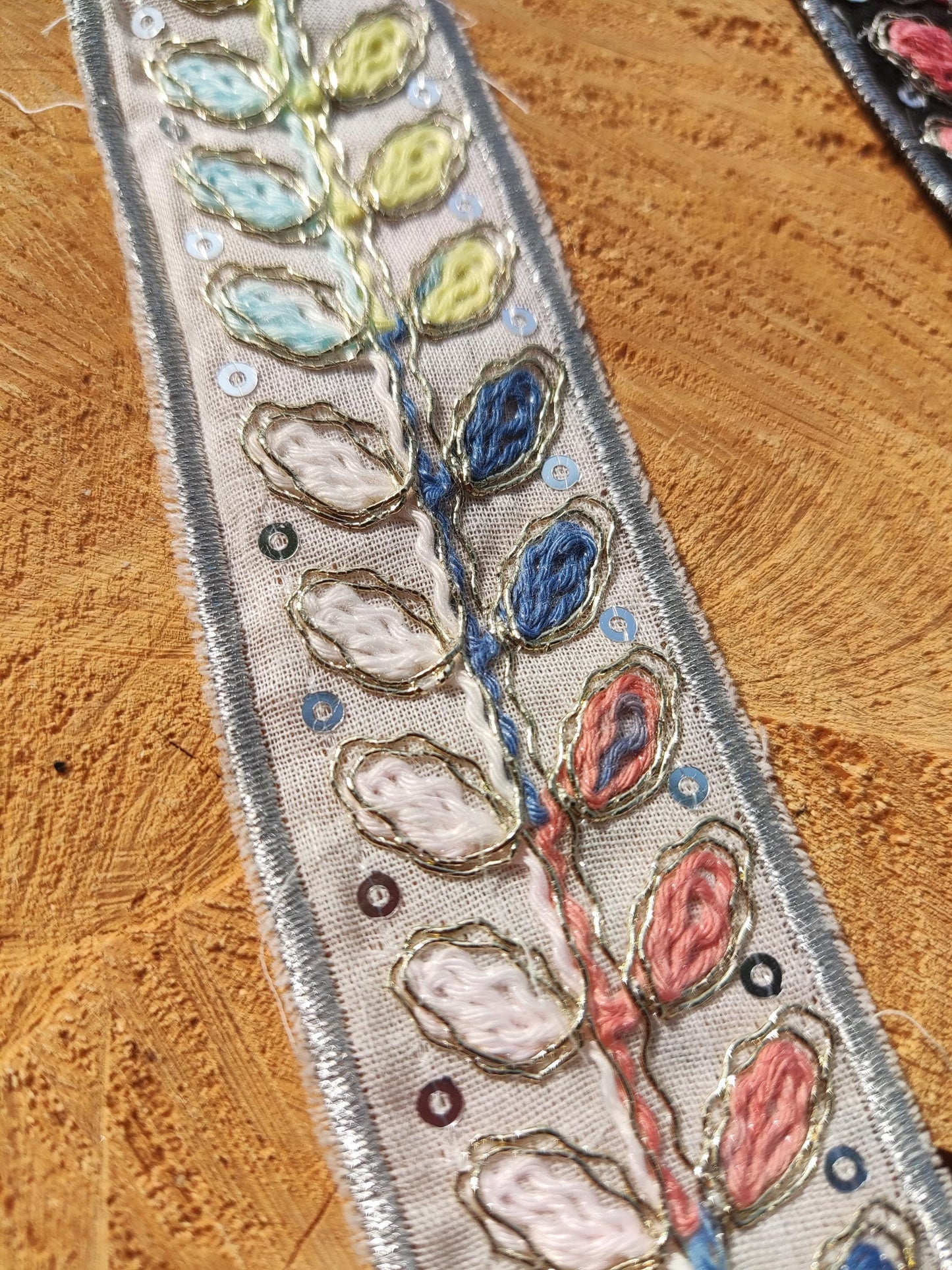 Ombre Rainbow Stem Embroidered Trim with Sequin- Per yard - 3.5cm width Stitched Leaf Edging, Ethnic Border, Colorful Embellishment