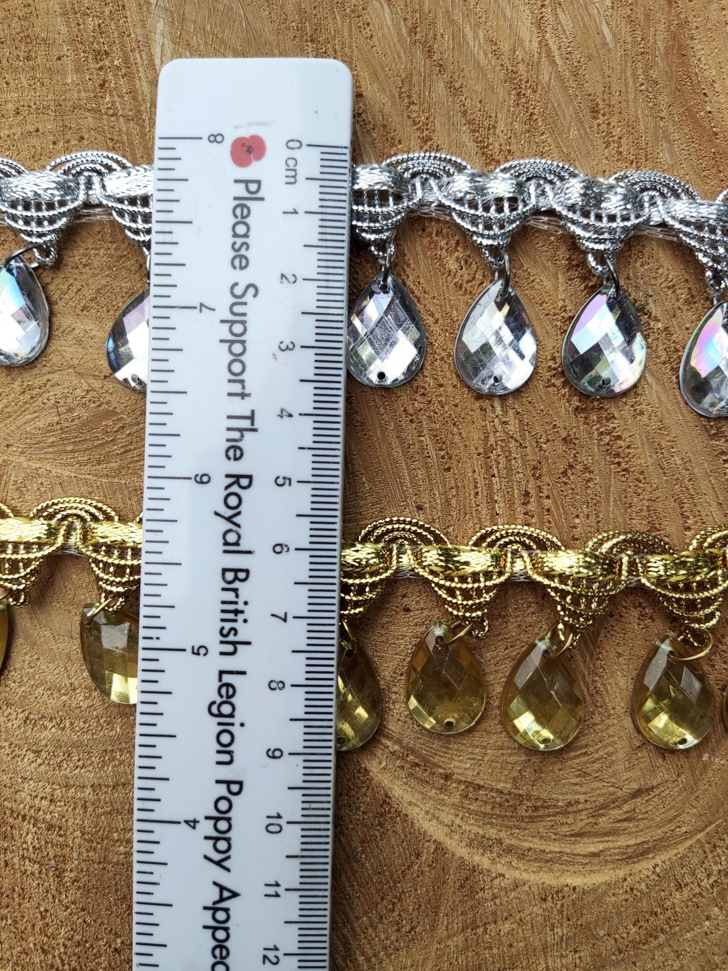 Teardrop Rhinestone Fringe Trim: Metallic Jewelled Beaded Tassel - Sold by the Yard