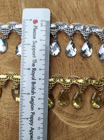 Teardrop Rhinestone Fringe Trim: Metallic Jewelled Beaded Tassel - Sold by the Yard